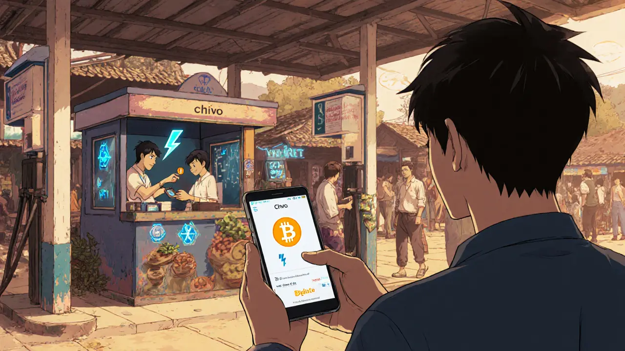 Young man pays for gas with Chivo wallet while a rural kiosk teaches digital literacy.