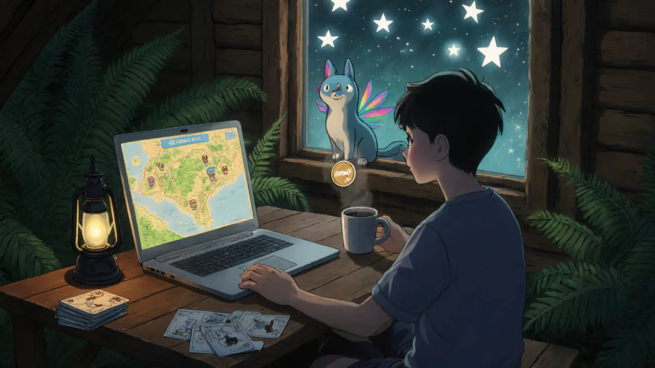 A boy at a wooden table watches a floating MOWA token as a Super Rare Pet looks in from the window, lanterns glowing warmly.