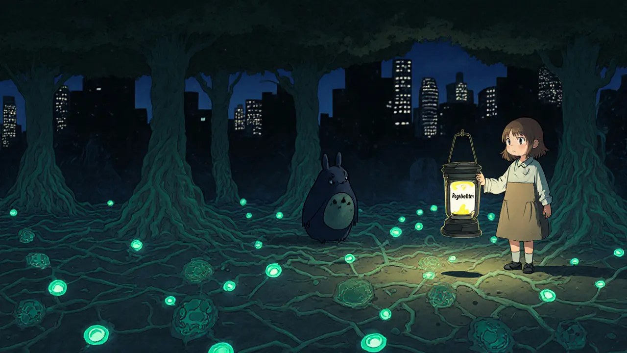 A child&#039;s lantern illuminates glowing DeFi roots beneath a city, as a bridge of light begins to connect them to the world above.