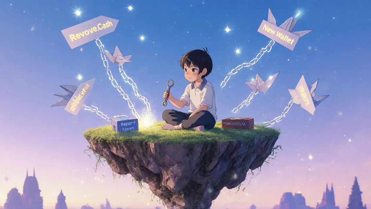 A child disconnecting crypto chains from a damaged wallet as code cranes fly upward with safety messages.