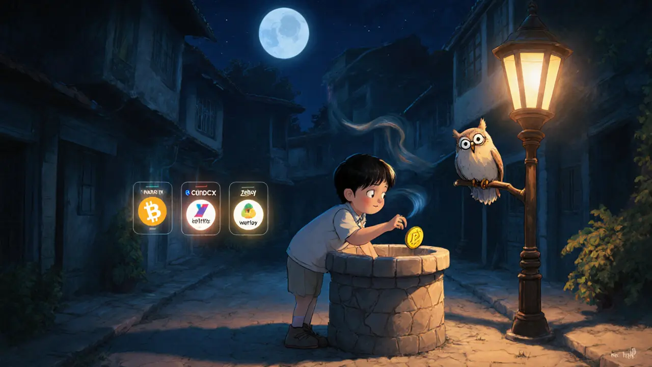 A child dropping a worthless token into a well while trusted exchange apps glow warmly in the background.