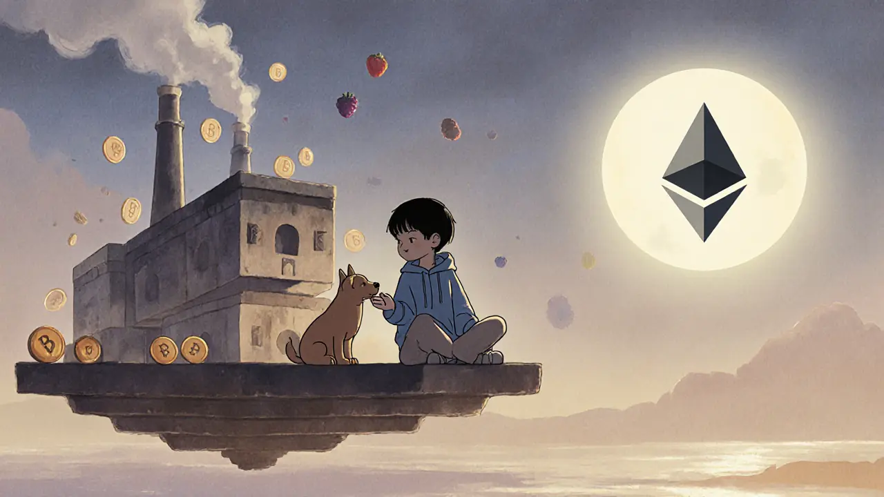 A child feeds a digital dog on floating Ethereum blocks as a glowing Berry Factory hums in the background.