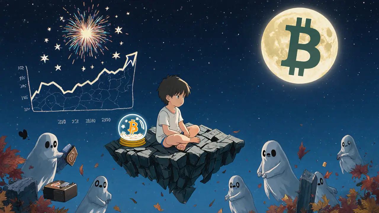 A child gazing at a price chart in a crystal ball, surrounded by empty wallets and drifting code leaves under a CoinMarketCap moon.