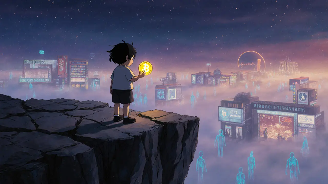A child holds a dimming BridgeCoin token on a crumbling digital cliff, watching fading traders below.