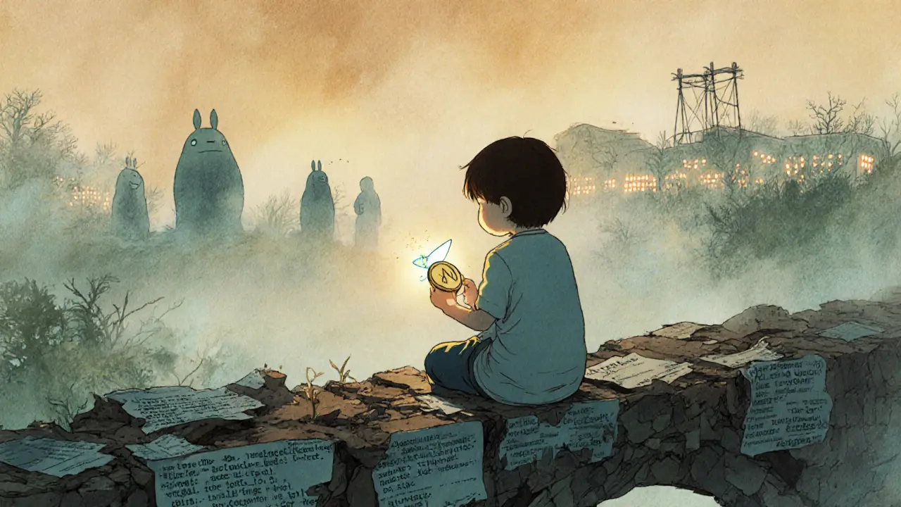 A child holds a faintly glowing NUX token on a crumbling digital bridge.