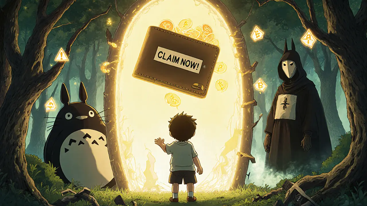 A child reaches for a deceptive &#039;Claim Now!&#039; portal while shadowy figures drain coins from a wallet.