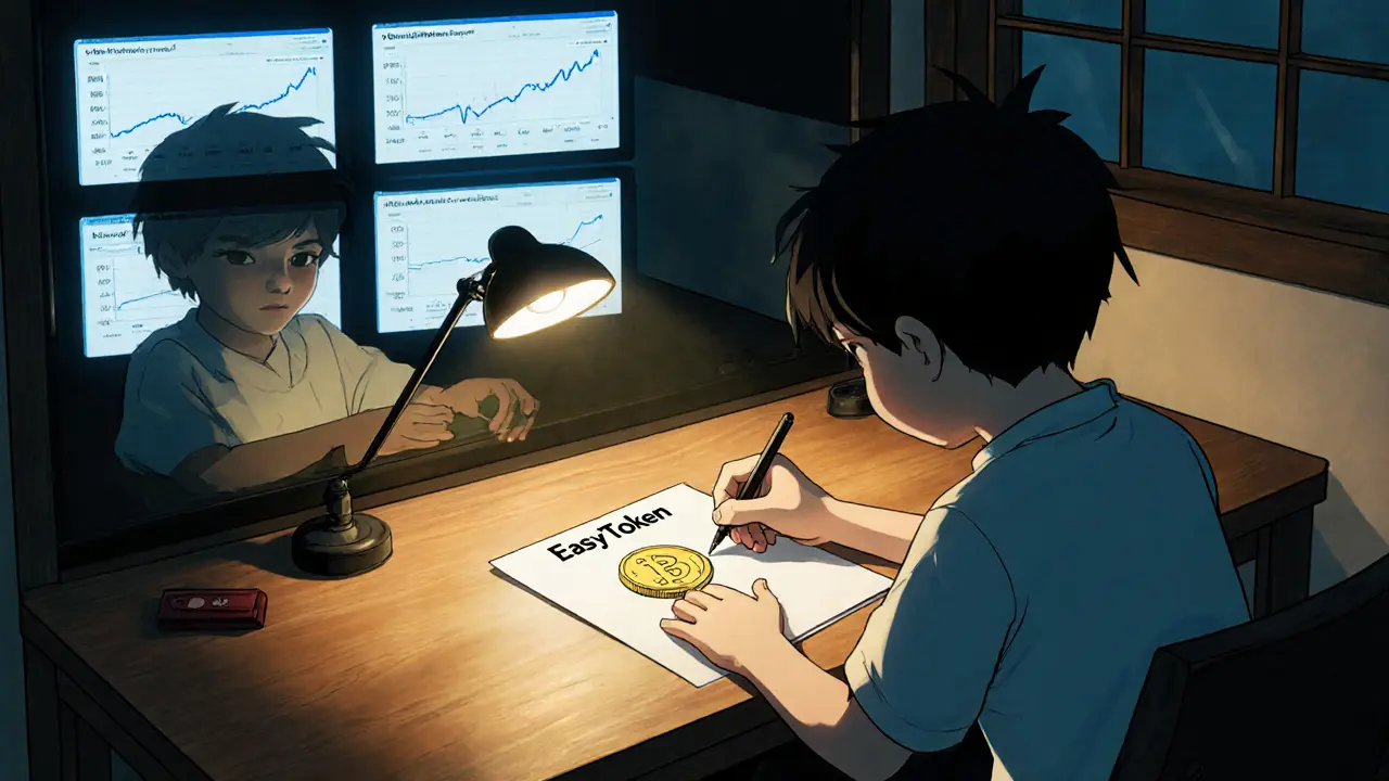 A child sketches a token as empty screens glow behind them.