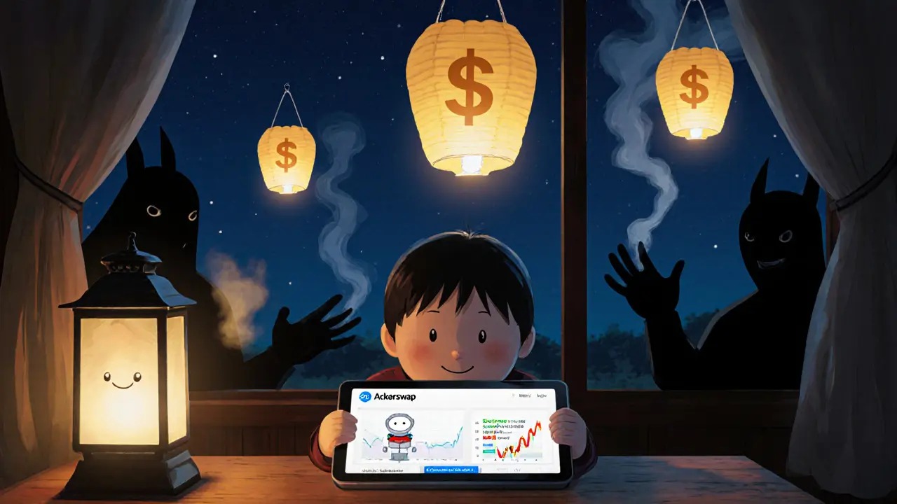 A child views a fake exchange on a tablet while real exchanges glow like lanterns in the night sky.