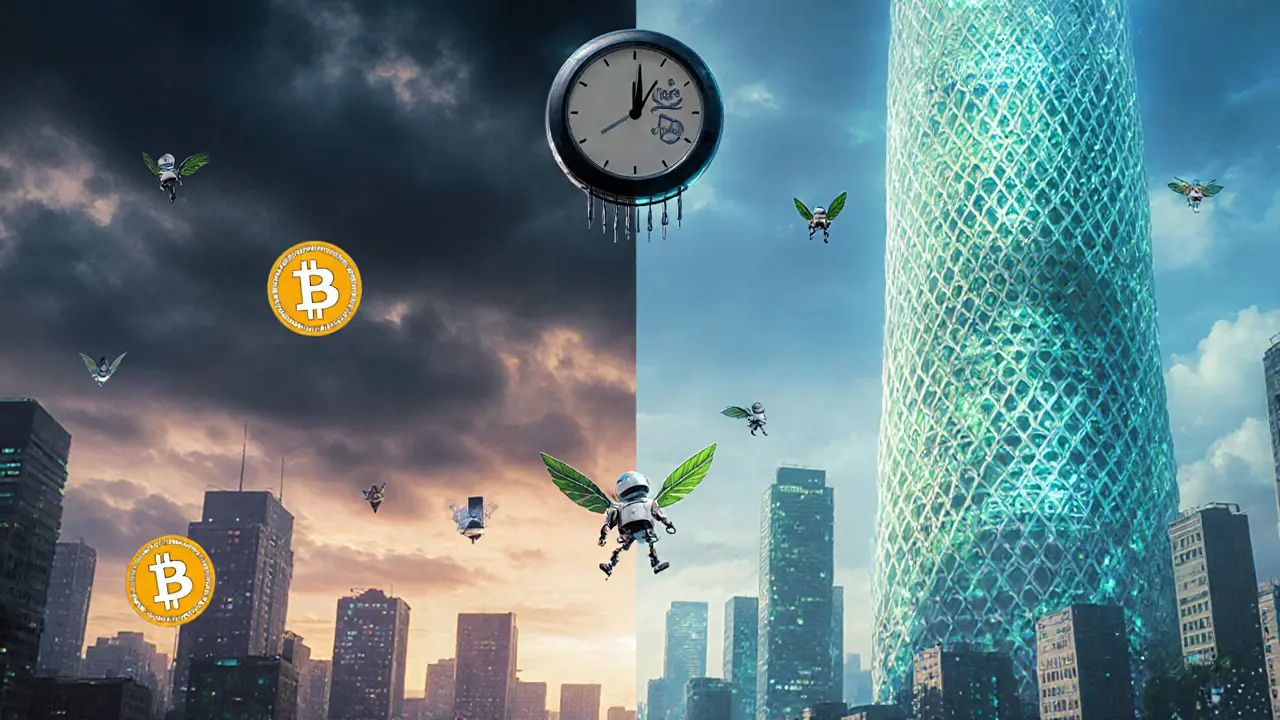 A city divided between fading crypto symbols and a glowing quantum-resistant tower, with winged robots delivering security tokens.