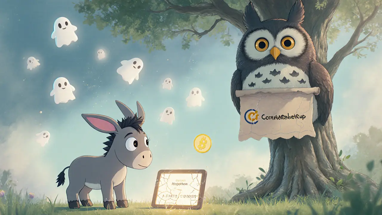 A confused donkey beside a fake airdrop screen, watched over by a wise owl holding a &#039;No Endorsement&#039; scroll.