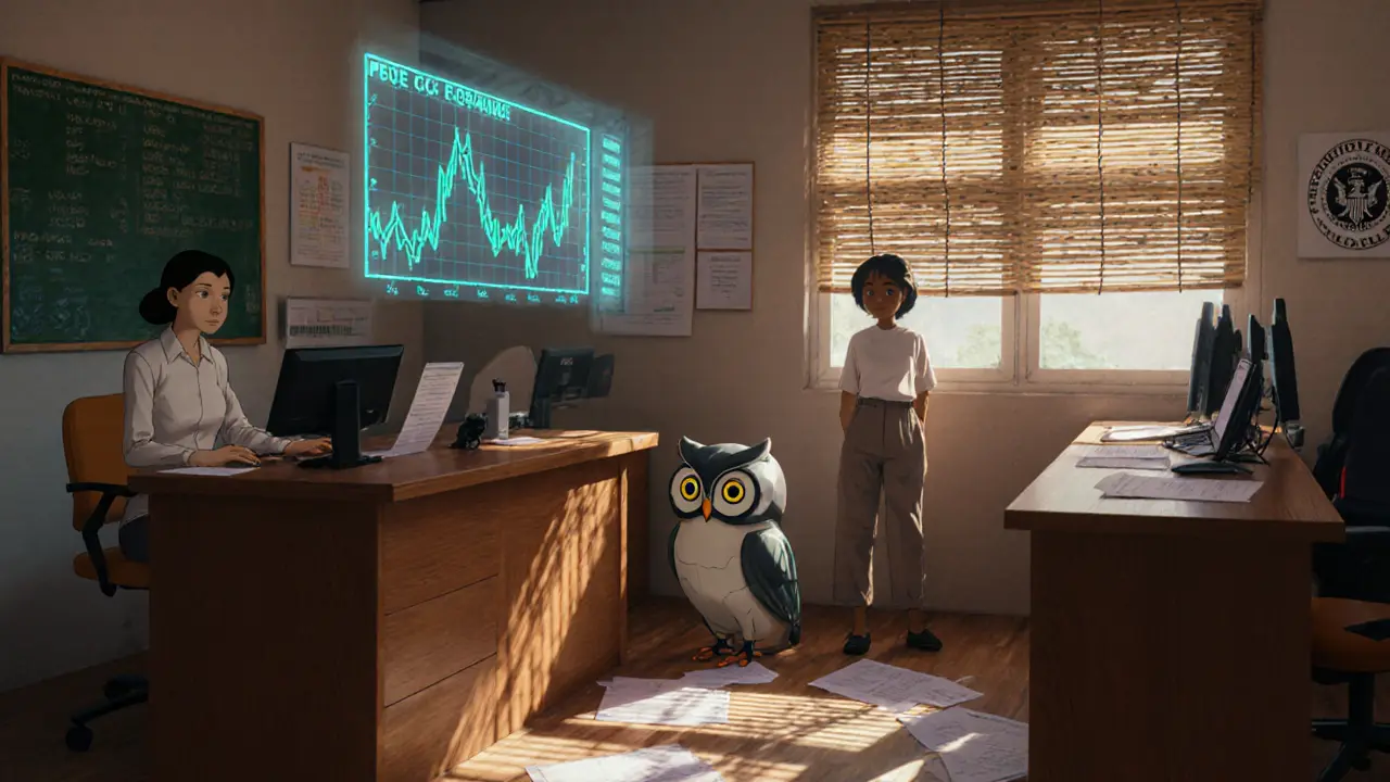 A cozy crypto exchange office with holographic charts and a wise robot owl overseeing compliance.