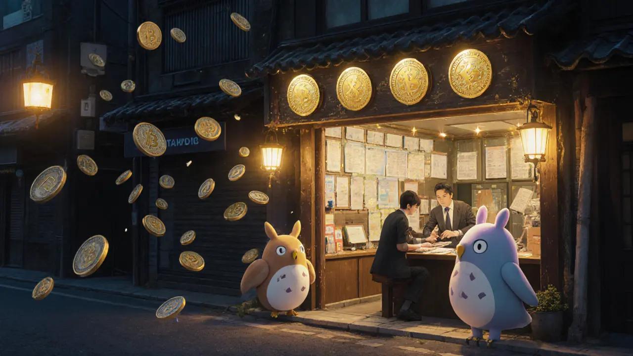 A cozy crypto office transforming from chaos to order with spirit creatures helping organize tokens under warm light.