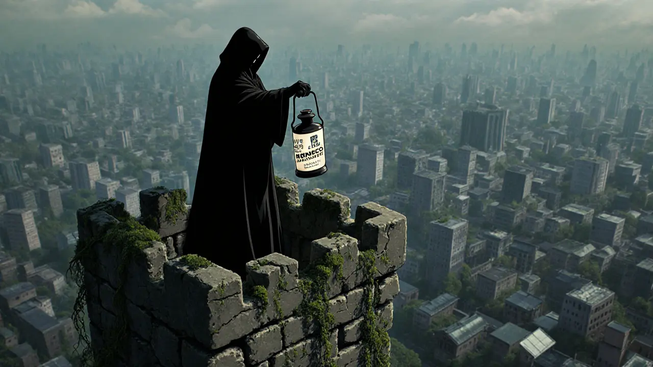 A faceless figure holds a dark lantern atop a crumbling blockchain tower.