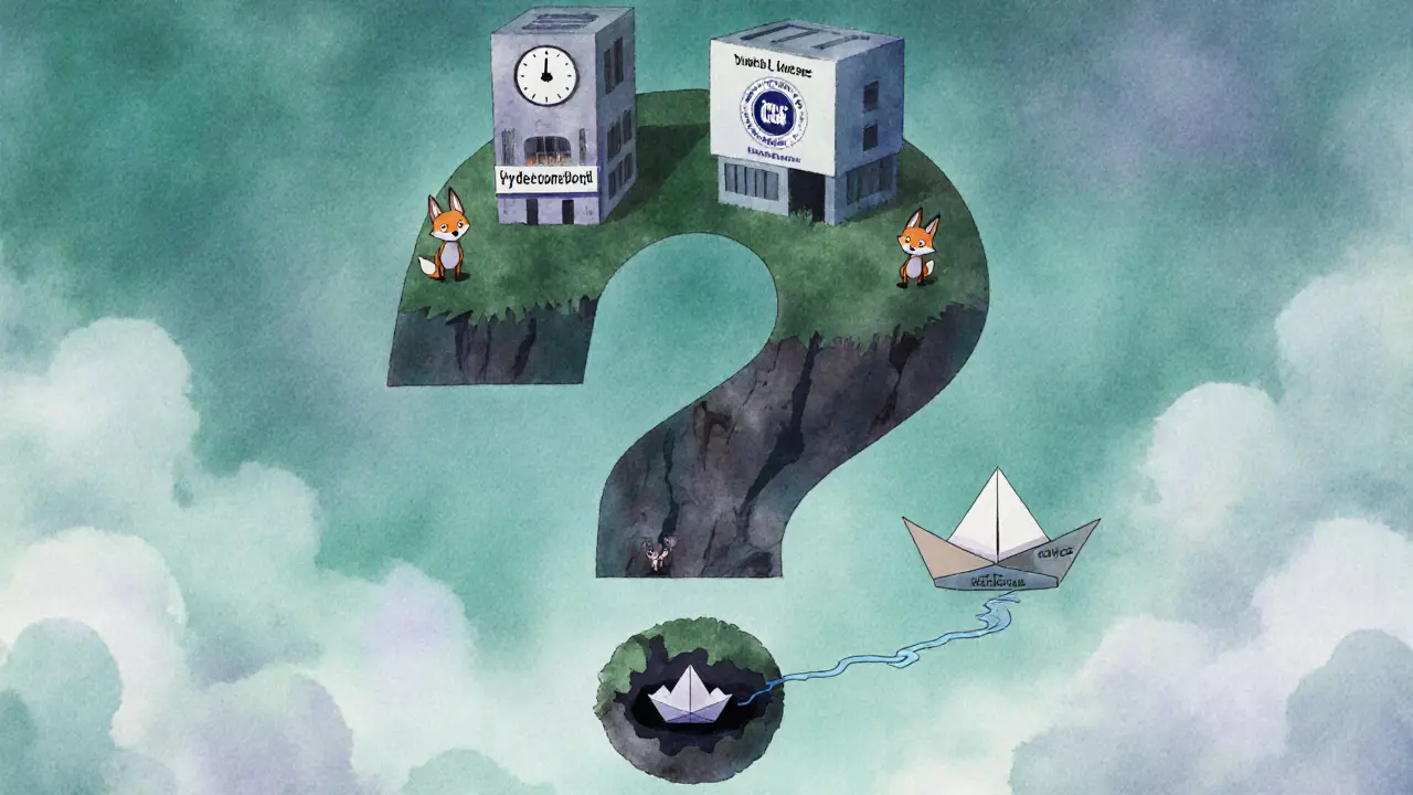 A floating question-mark island with two ghostly exchange buildings and a paper token sinking into nothingness.