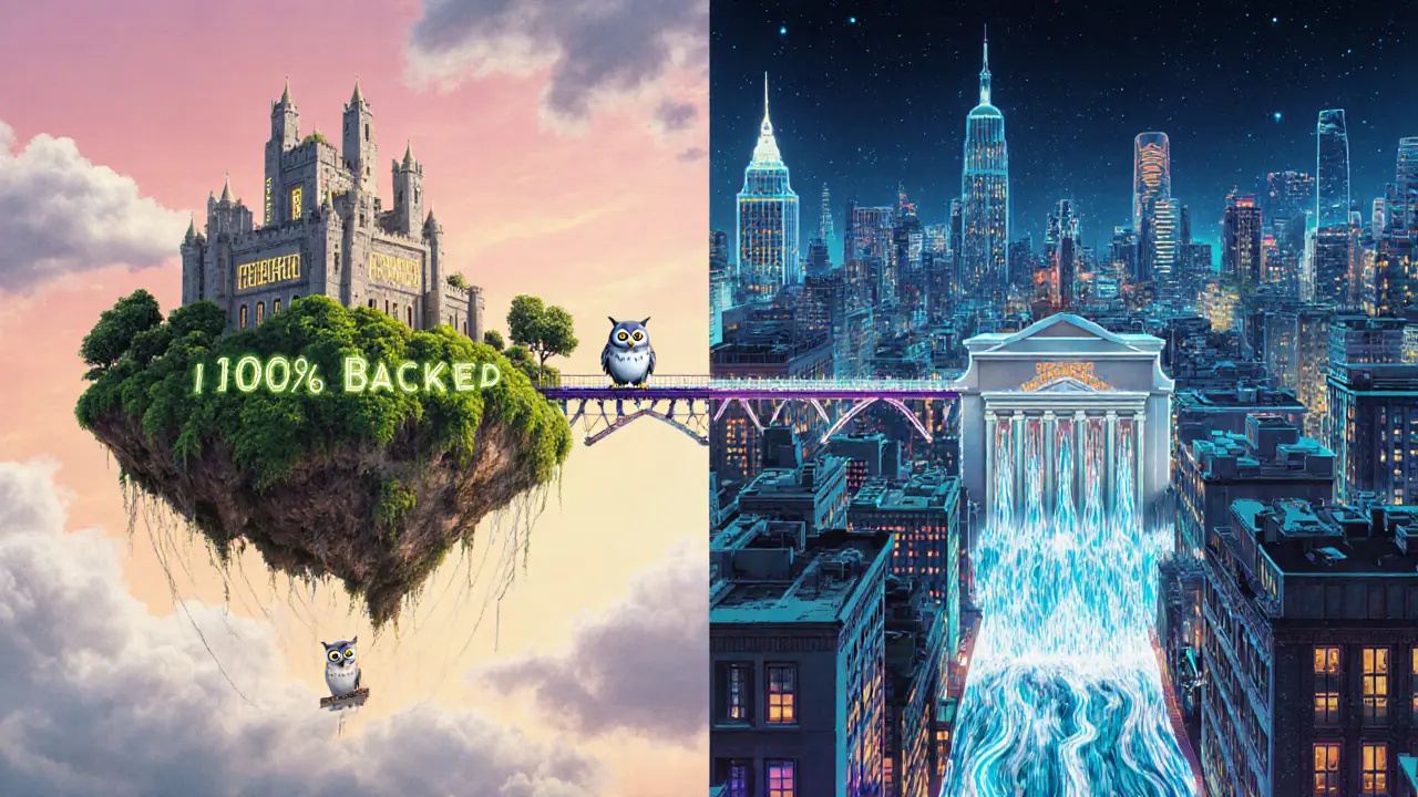 A fortified castle and a neon city float side by side, representing EU and US stablecoin frameworks, connected by a shimmering bridge, in Studio Ghibli style.