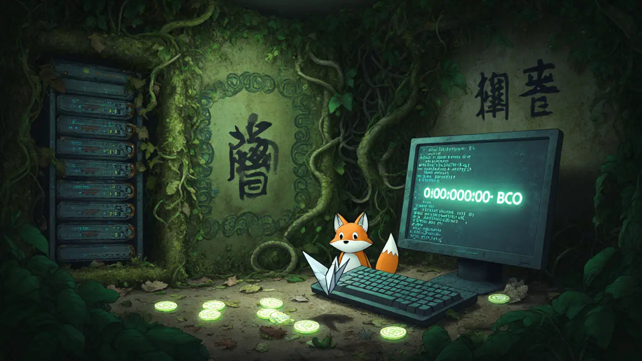 A fox spirit peers at scattered BCO tokens in an overgrown server room covered in vines and moss.