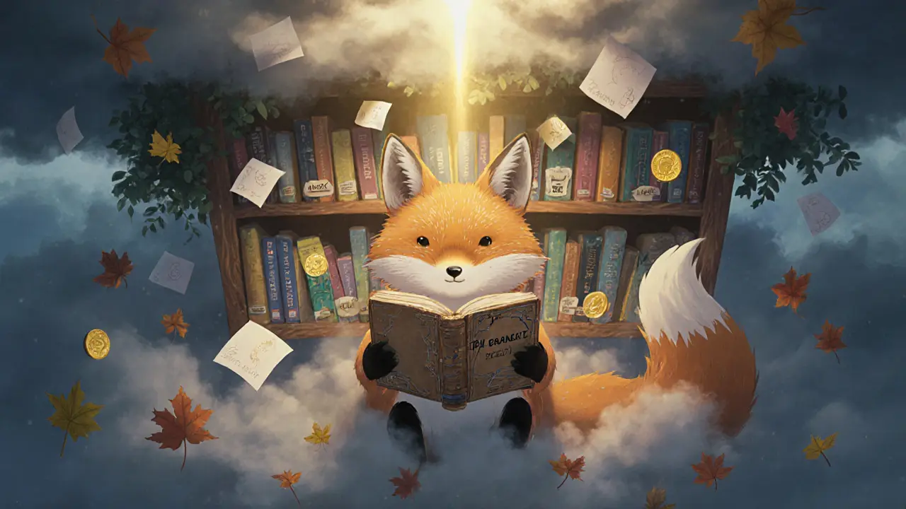 A fox spirit reads from a book about a forgotten crypto airdrop in a floating library.