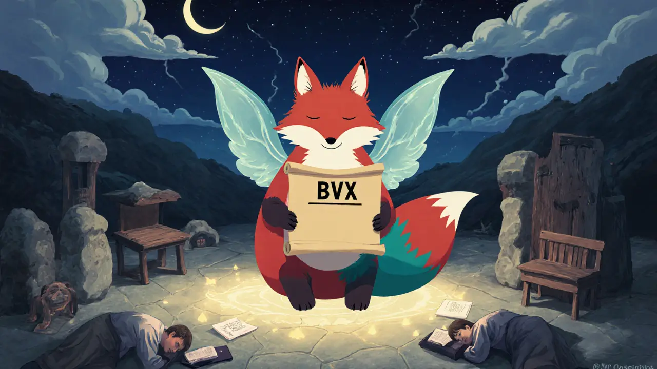 A fox spirit with shimmering fur reading a volatility scroll on a glowing trading floor under moonlight.