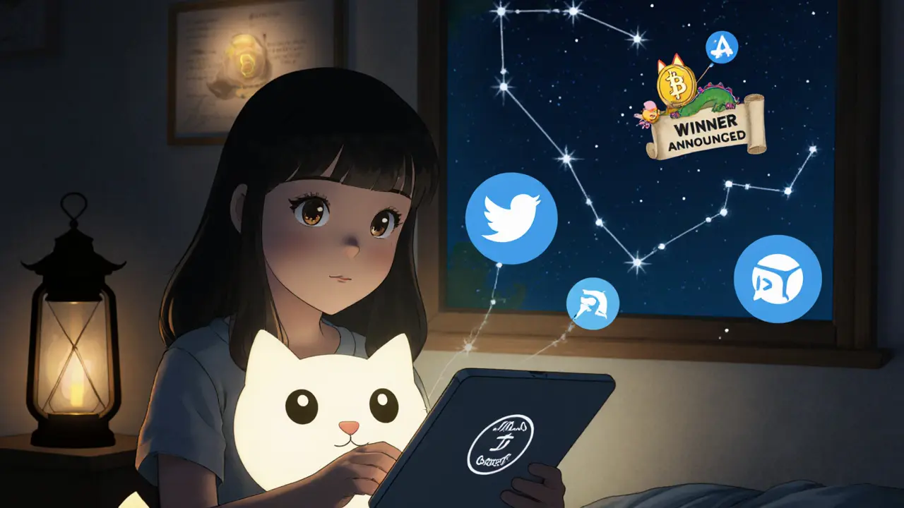 A girl entering her wallet address on a glowing tablet with digital chat bubbles around her.