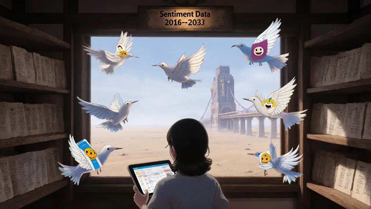 A girl in a glowing trading room is surrounded by paper birds made of social media feeds, with a foggy empty order book outside.