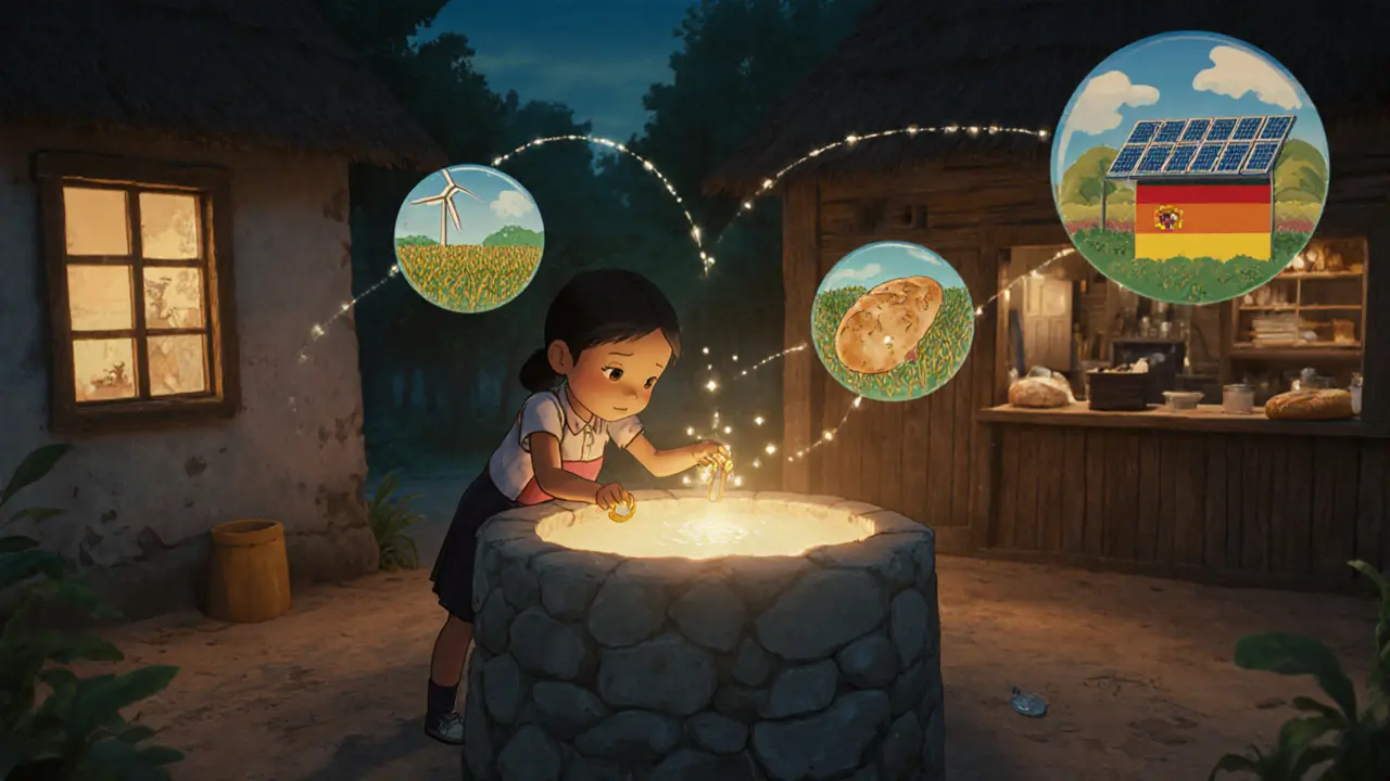 A girl in Kenya releases a token charm into a glowing well, sending light across the world to connect communities.