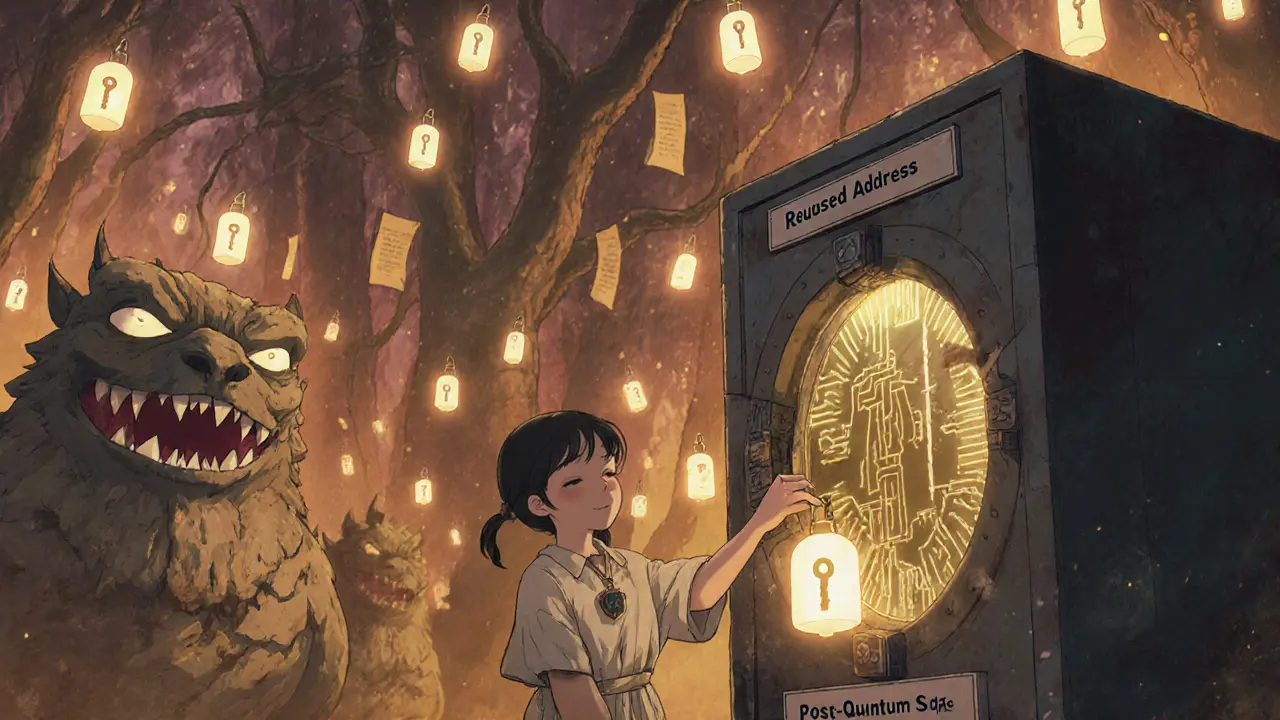A girl moving a glowing public key to a safe vault in a crystalline library, surrounded by sleeping quantum machines.