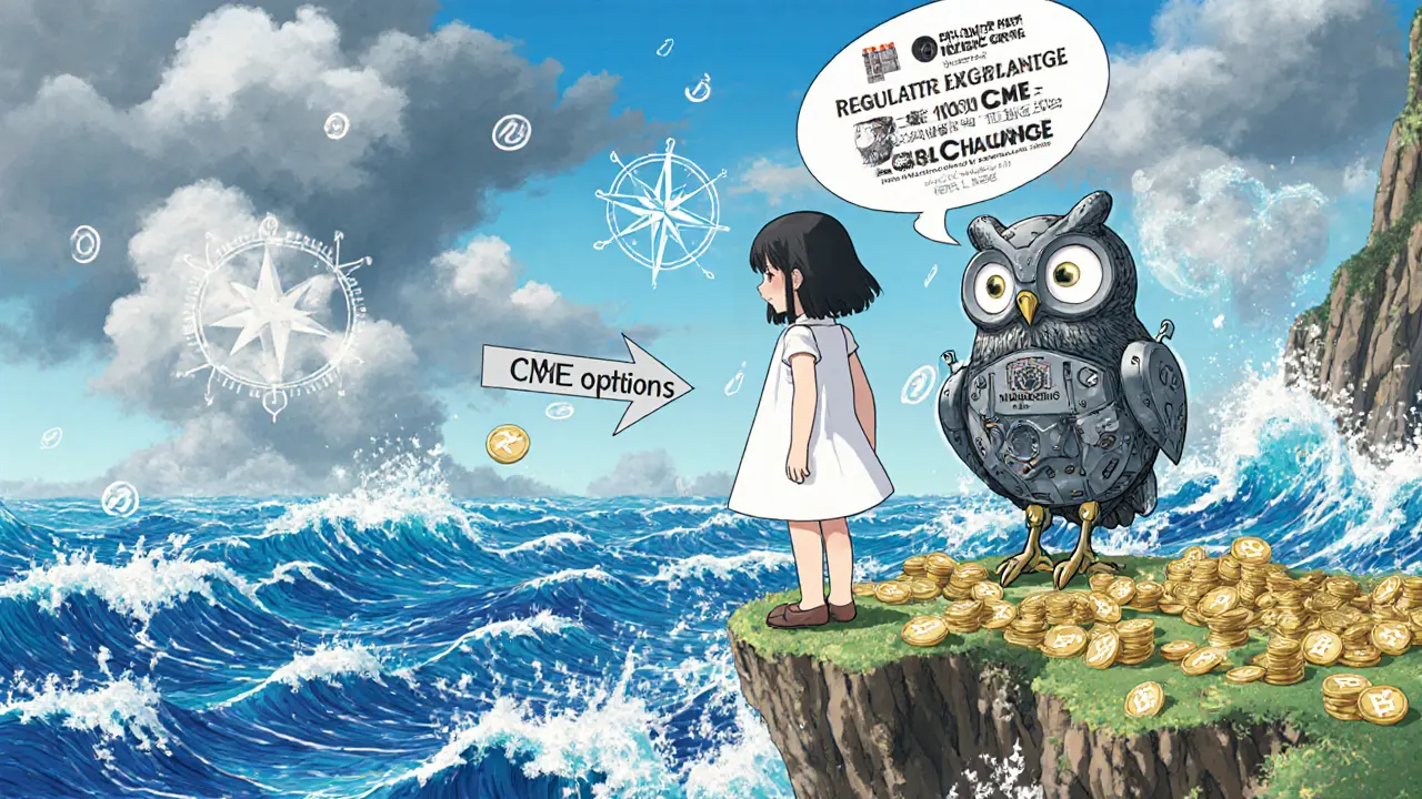A girl on a cliff watching digital coin waves, guided by a mechanical owl holding a volatility compass.