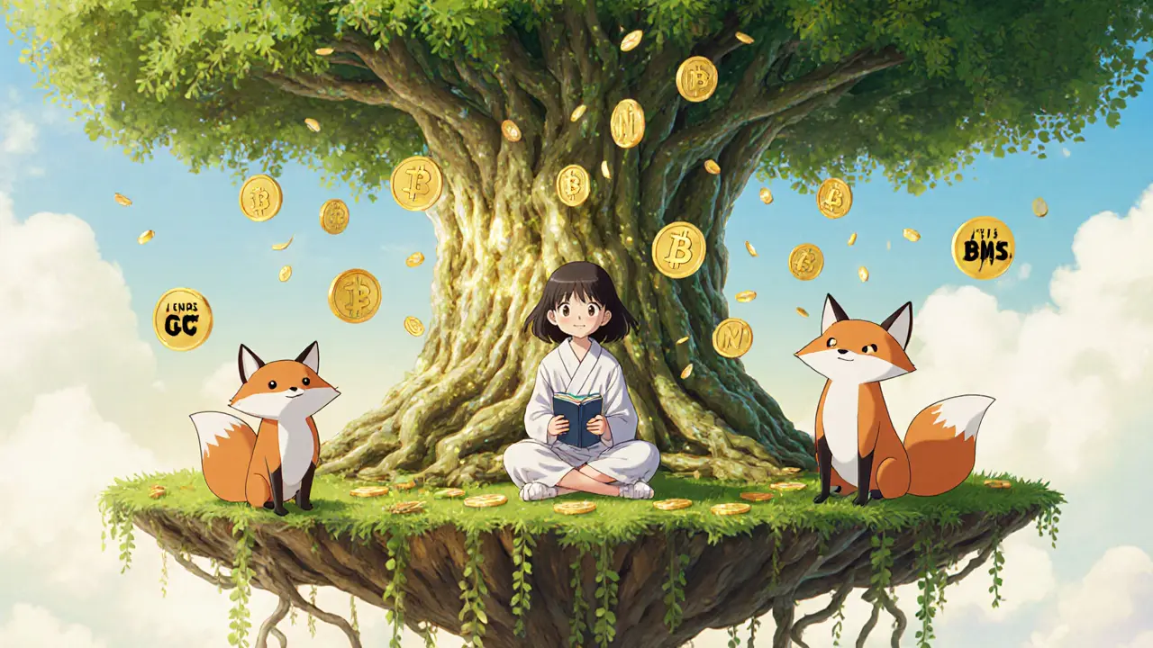A girl staking MIN tokens beside a code-tree, watched by friendly spirit creatures.