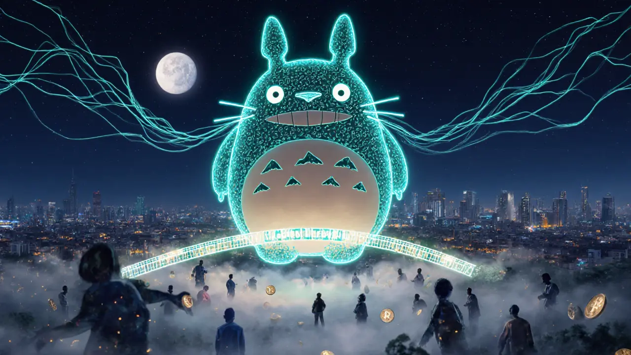 A glowing blockchain spirit guides traders toward licensed platforms as unlicensed ones fade away at night.