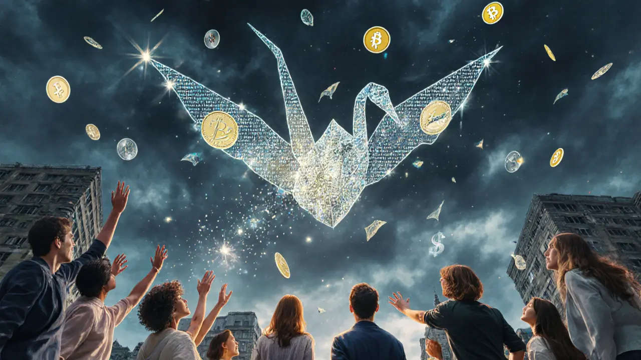 A glowing code crane made of ZCHF tokens flying over a city, dodging falling dollar stablecoins as people reach up hopefully.