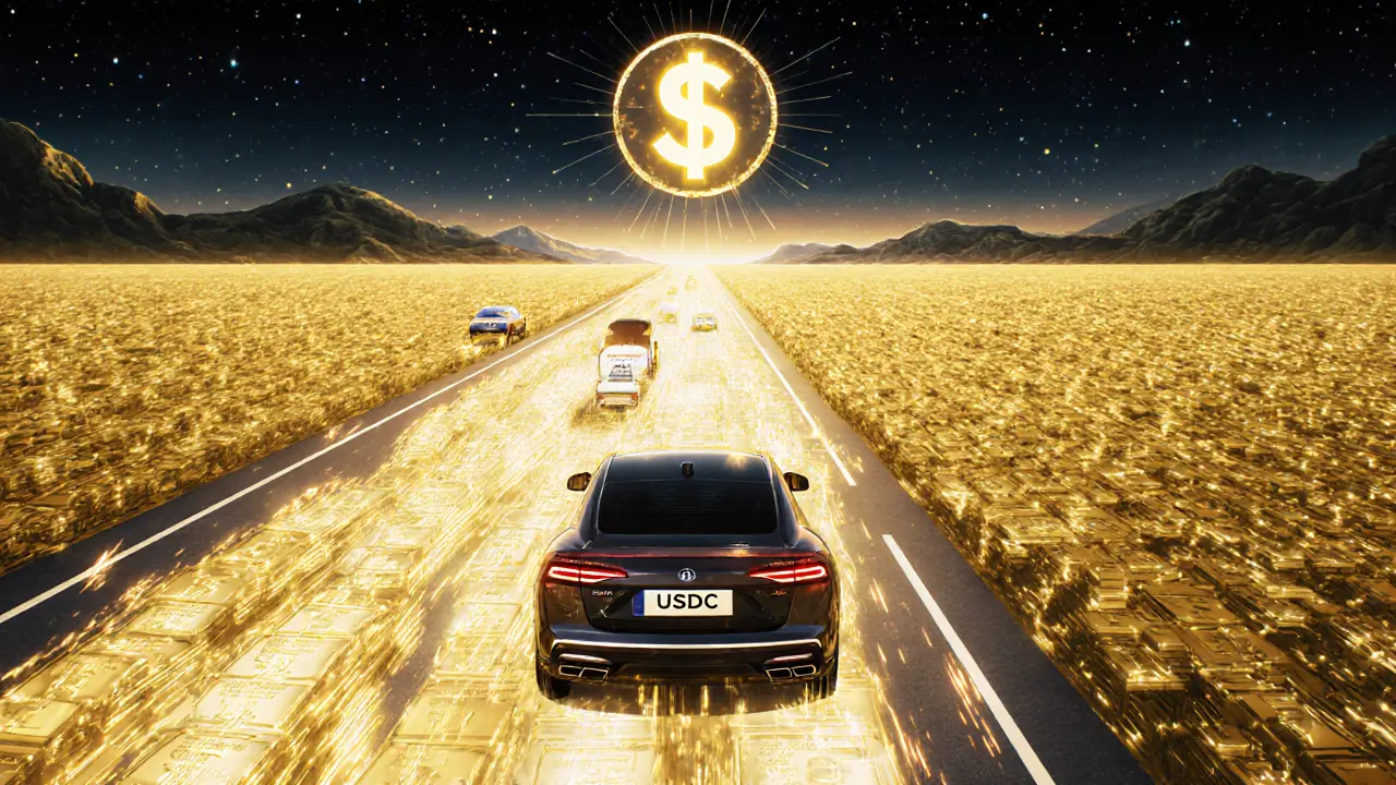 A golden highway of US Treasuries pulses with light as stablecoins travel forward under a giant dollar sign, in Studio Ghibli style.