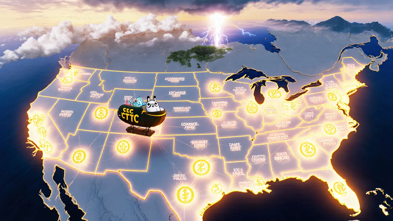 A map of the U.S. as glowing islands connected by fragile licenses, with an airship sailing toward a beam of clarity amid regulatory storms.