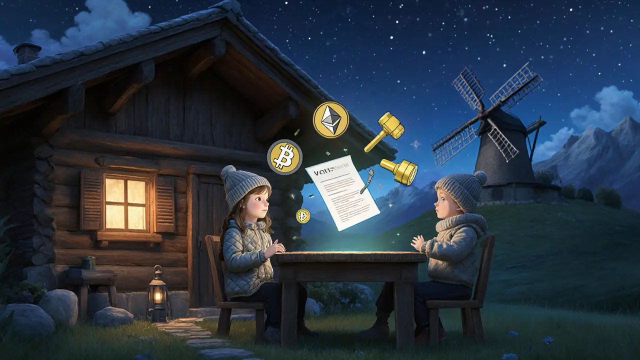 A mountain cottage where two children vote on a holographic DeFi proposal, surrounded by glowing crypto icons under twilight.