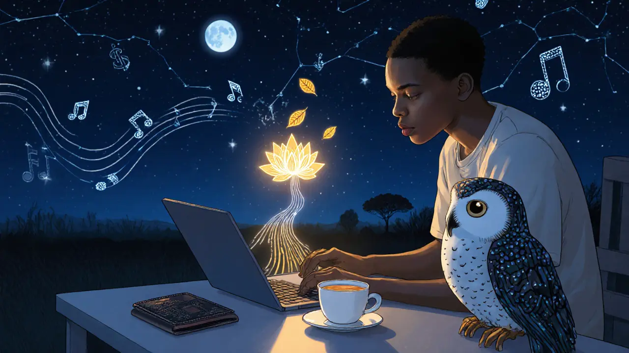 A Nigerian coder sees smart contract leaves rise into the night sky as farmers use their app, under a starry sky shaped like microchips.