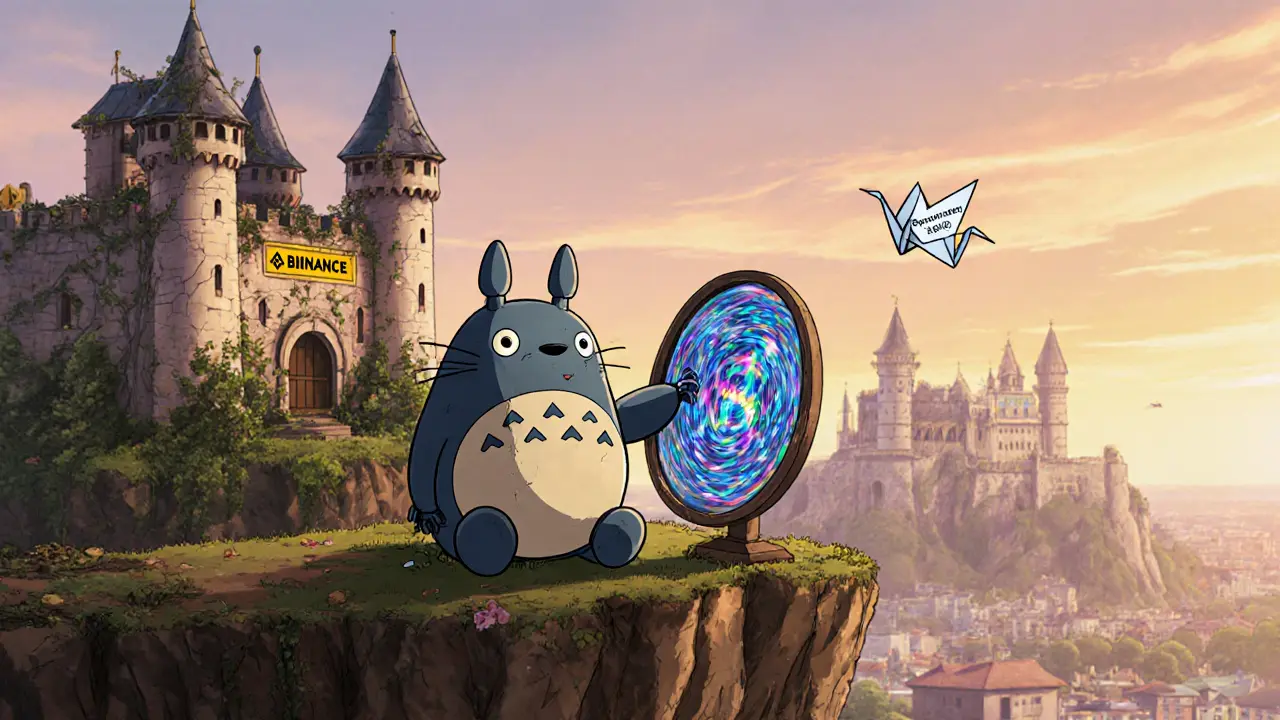 A small robot polishes a mirror showing liquidation warnings, as a crumbling exchange castle fades behind it at dawn.