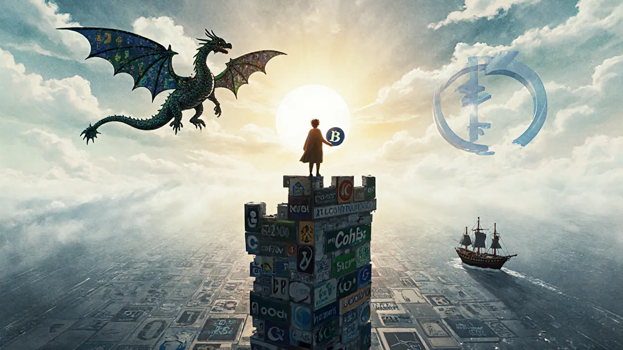 A solitary figure holds a glowing MOR token atop a crumbling exchange tower as an AI dragon flies toward the sun.