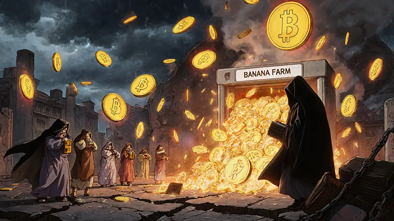 A stormy digital city collapsing under falling tokens, with shadowy figures printing money from a monstrous machine.