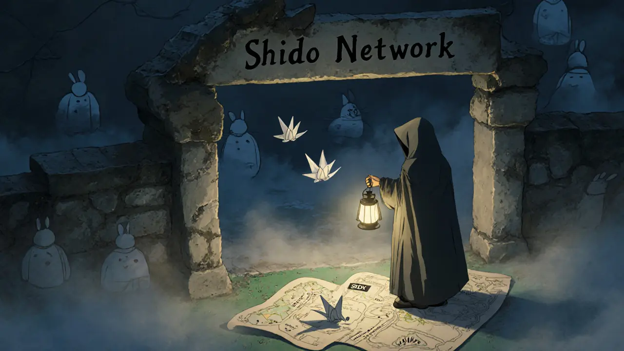 A traveler before a crumbling archway labeled &#039;Shido Network,&#039; holding a flickering lantern as shadows fade into mist.