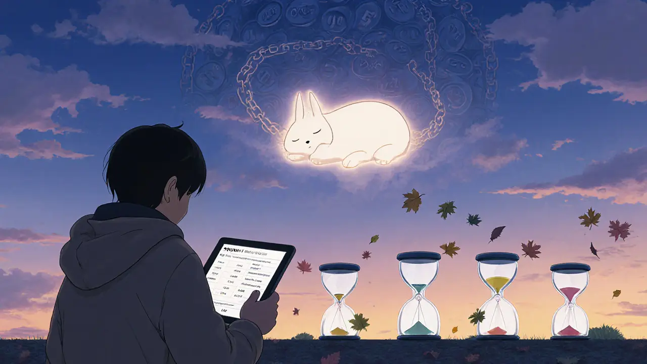 A user watches a sleeping pet as a chain of 300 million locked XPET tokens glows faintly in the twilight sky.