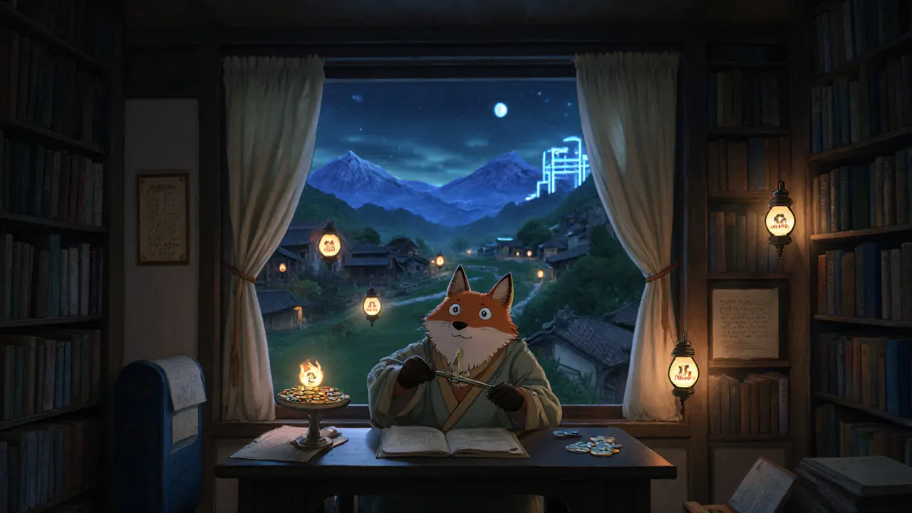 A wise fox tending a balance scale of sustainable crypto tokens in a moonlit library, with a thriving village outside.