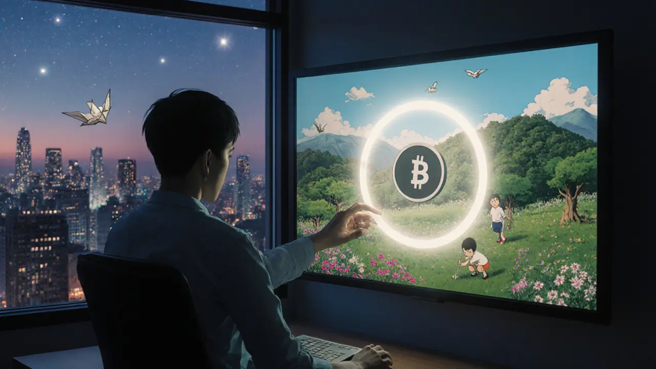 A worker retires a carbon token, triggering a time-lapse of reforestation and a paper crane flying into the stars.