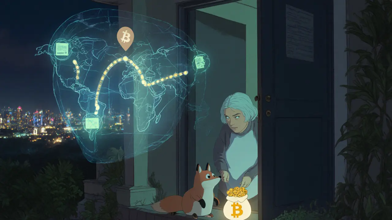 An elderly woman receives coins from a glowing fox spirit, with a hologram showing her stolen crypto being traced and returned globally.