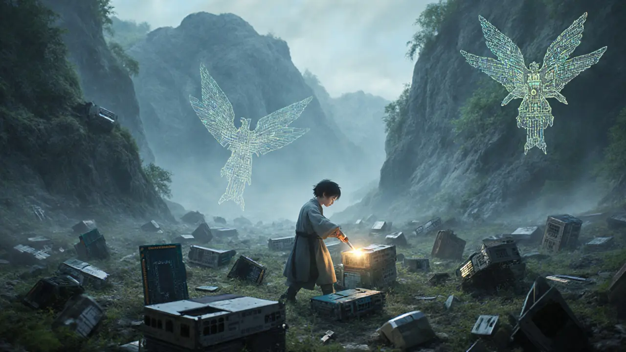 An engineer repairs broken hardware in a misty valley as machine-bird guardians observe, symbolizing the quiet rebuilding of decentralized networks.