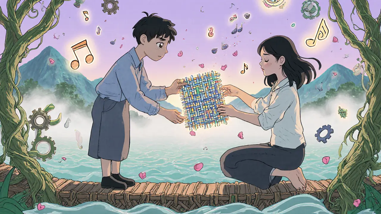 An Indonesian designer transfers a glowing traditional pattern to a Berlin fashion buyer on a floating market bridge filled with floating NFTs.