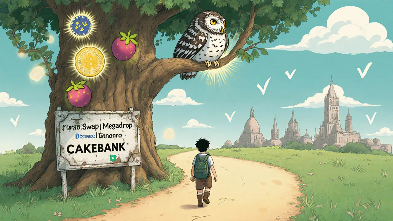An owl perches on a tree of verified airdrops as a young adventurer walks away from a crumbling CAKEBANK sign.