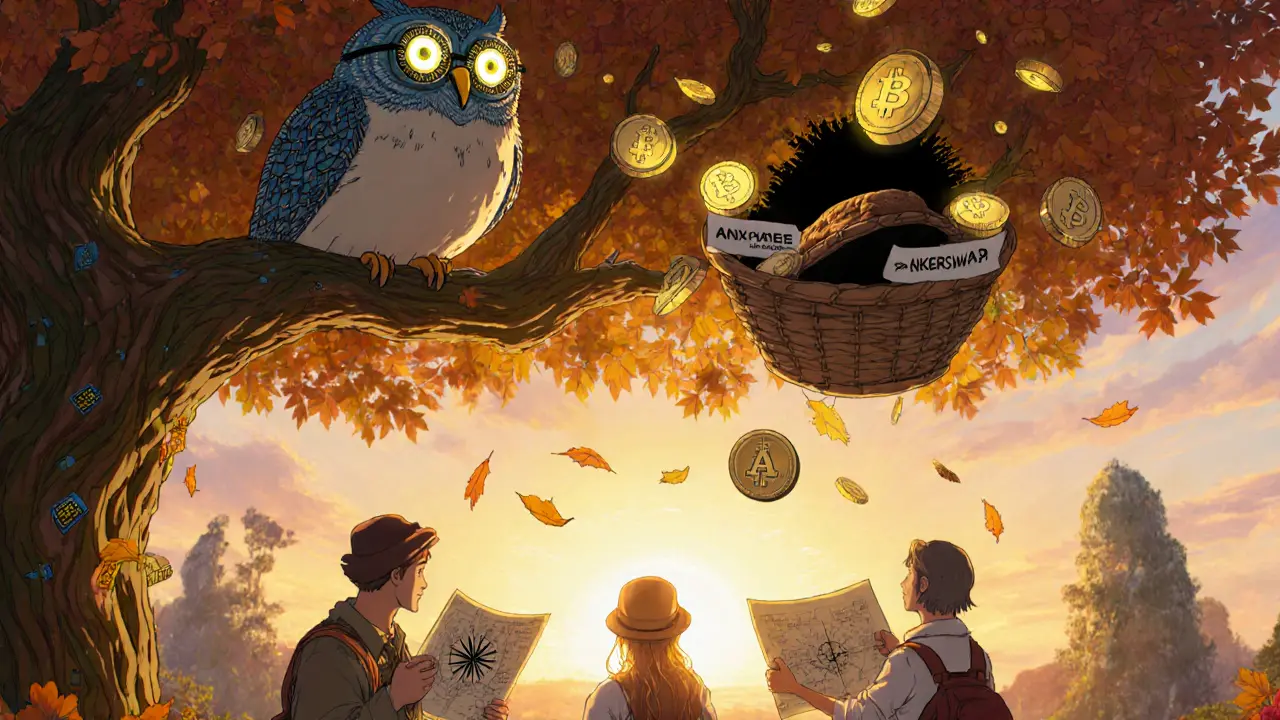 An owl watches coins fall into legit exchanges or vanish into a black hole, all in soft Studio Ghibli lighting.