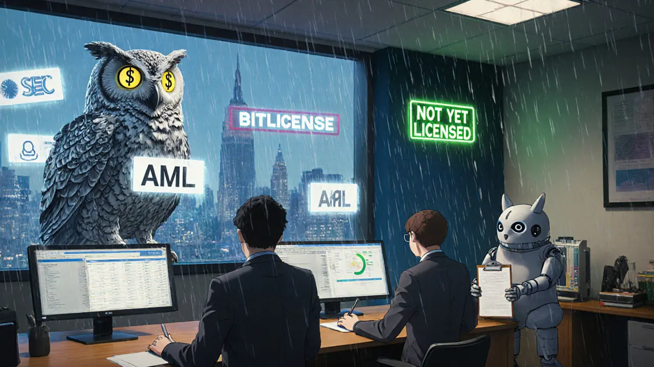 Compliance officers working amid floating regulatory holograms, watched over by a mechanical owl with blockchain feathers.