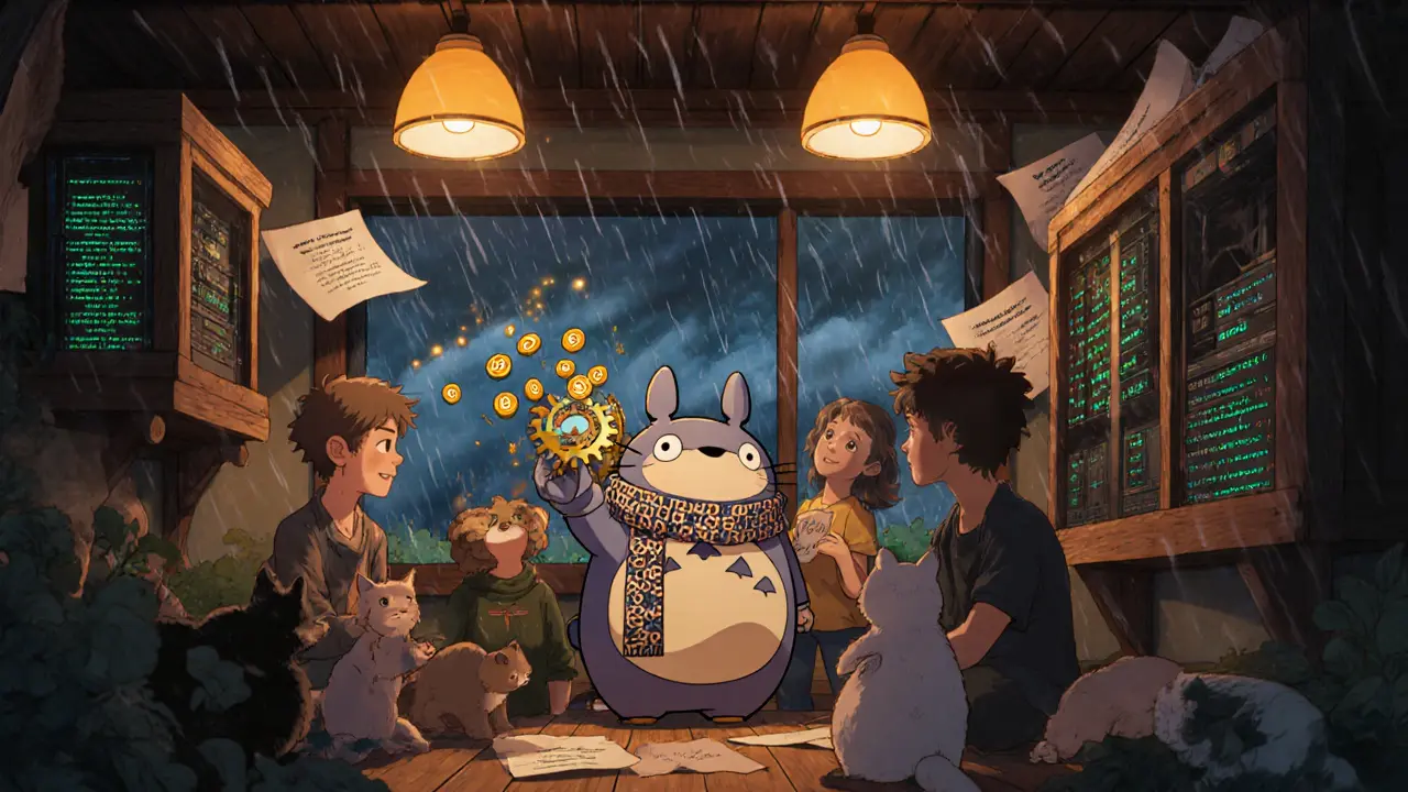 Developers work peacefully in a warm workshop surrounded by humming GPUs and floating code scrolls.