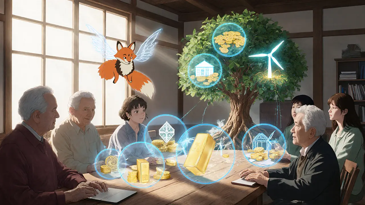 Diverse investors gather around a wooden table, watching holograms of tokenized assets with a gentle fox-spirit nearby.