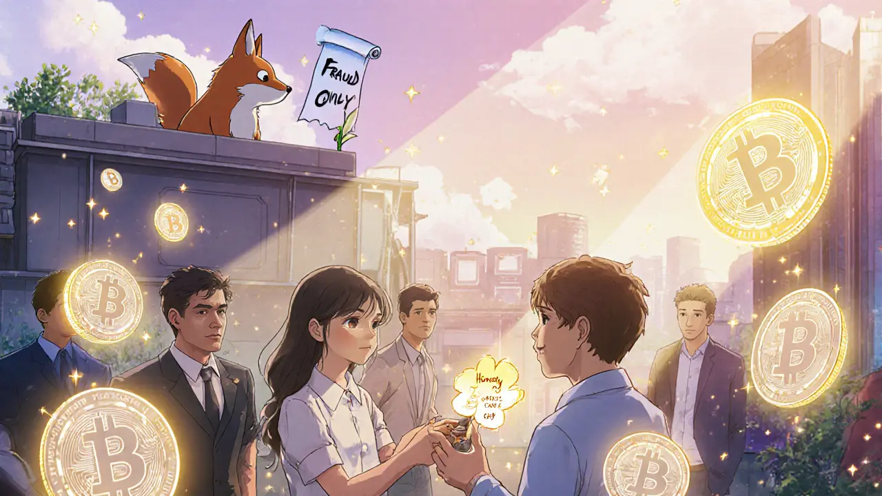 Entrepreneurs in a sunlit crypto hub exchange a flower-shaped USB drive, watched by a gentle fox-like creature.